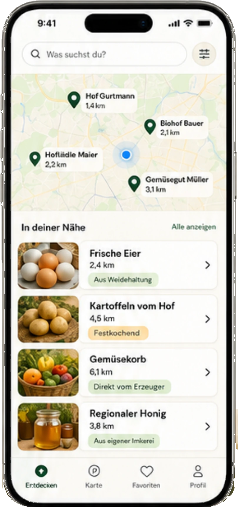 App-Prototyp: Kartenansicht mit nahegelegenen Höfen und Produktliste